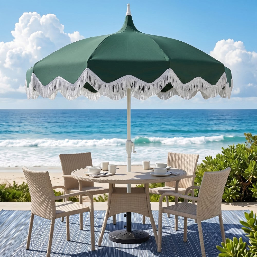 Recliner 8 ft. Classic Bohemian Fringe Pagoda Market Patio Umbrella with Auto-Tilt Crank Wind Vent and UV Protection
