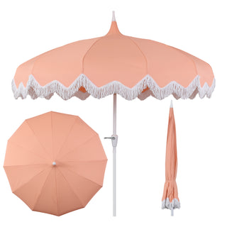 Recliner 8 ft. Classic Bohemian Fringe Pagoda Market Patio Umbrella with Auto-Tilt Crank Wind Vent and UV Protection