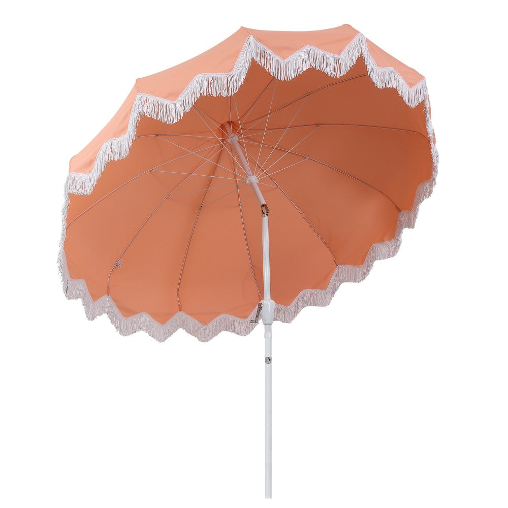 Recliner 8 ft. Classic Bohemian Fringe Pagoda Market Patio Umbrella with Auto-Tilt Crank Wind Vent and UV Protection