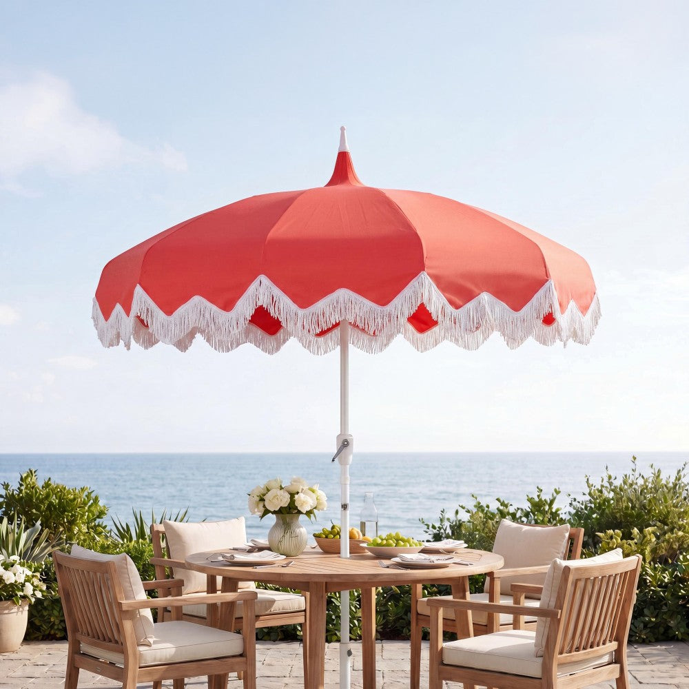 Recliner 8 ft. Classic Bohemian Fringe Pagoda Market Patio Umbrella with Auto-Tilt Crank Wind Vent and UV Protection
