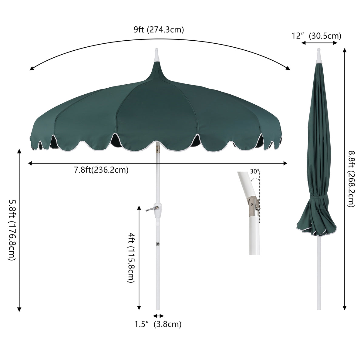Maple 8 ft. Classic Coastal Scalloped Lotus Pagoda Market Patio Umbrella with Auto-Tilt Crank Wind Vent and UV Protection