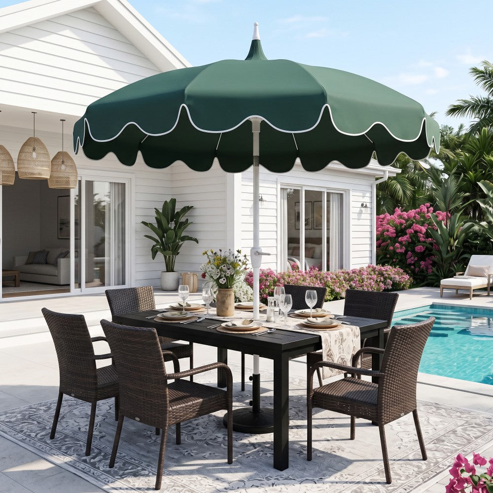 Maple 8 ft. Classic Coastal Scalloped Lotus Pagoda Market Patio Umbrella with Auto-Tilt Crank Wind Vent and UV Protection