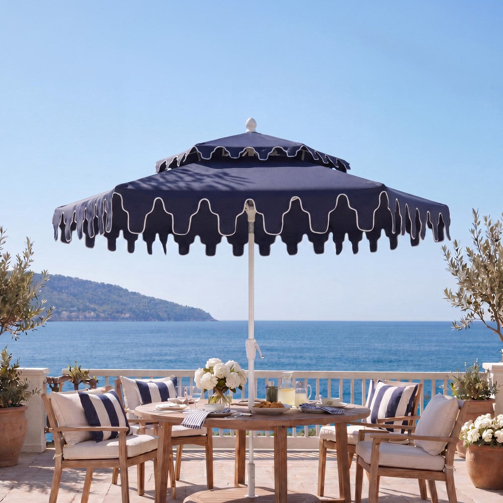Mossbank 8.5 ft. Coastal Double-Tiered Castle Market Patio Umbrella with Auto-Tilt Crank Wind Vent and UV Protection