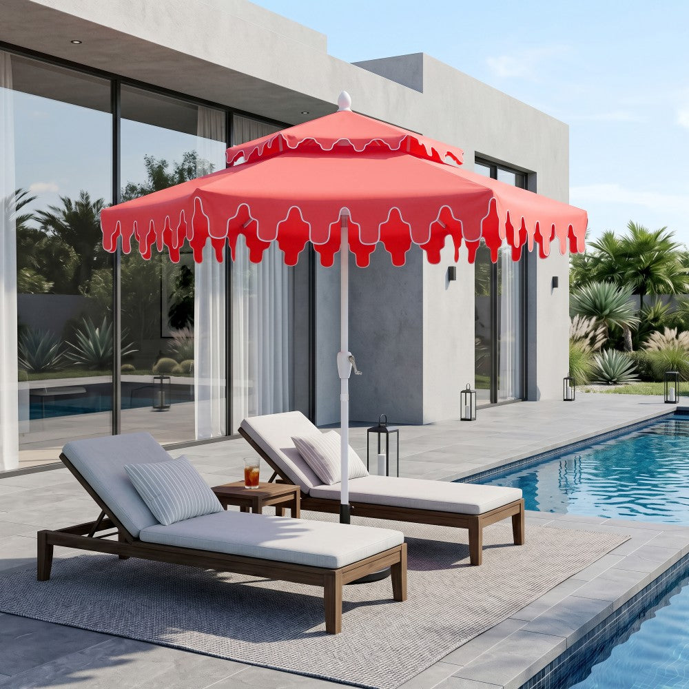 Mossbank 8.5 ft. Coastal Double-Tiered Castle Market Patio Umbrella with Auto-Tilt Crank Wind Vent and UV Protection