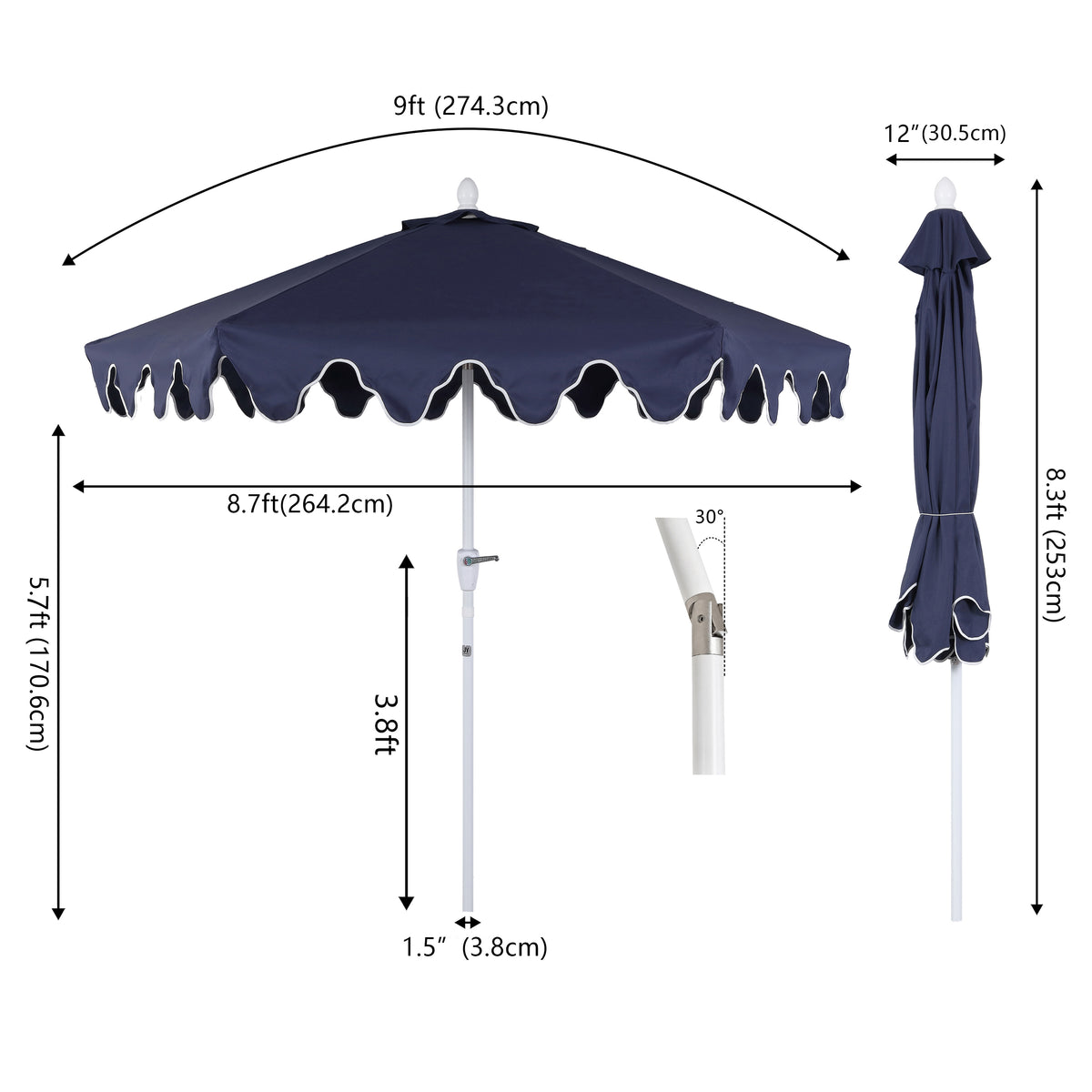 Oakhaven  9 ft. Bohemian Coastal Lotus Scallop Market Patio Umbrella with Auto-Tilt Crank Wind Vent and UV Protection