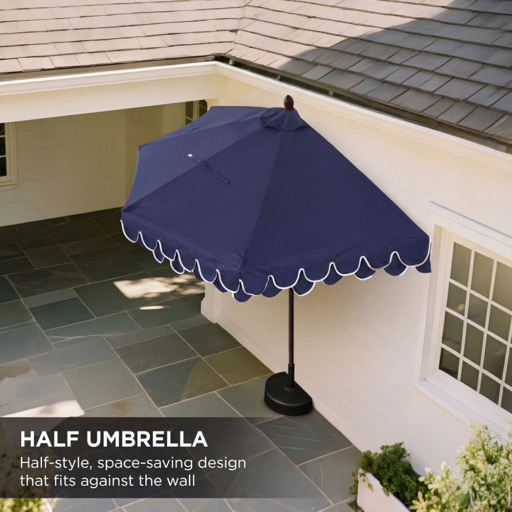 Shah Arc 9 ft. Classic MidCentury Scalloped Fringe Market Patio Half Umbrella with CrankTilt Button and UV Protection