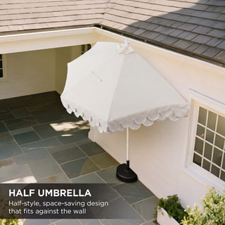 Shah Arc 9 ft. Classic MidCentury Scalloped Fringe Market Patio Half Umbrella with CrankTilt Button and UV Protection