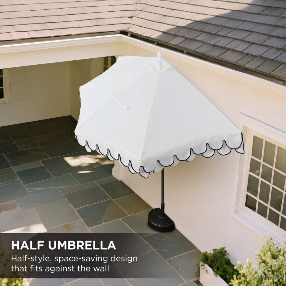 Shah Arc 9 ft. Classic MidCentury Scalloped Fringe Market Patio Half Umbrella with CrankTilt Button and UV Protection
