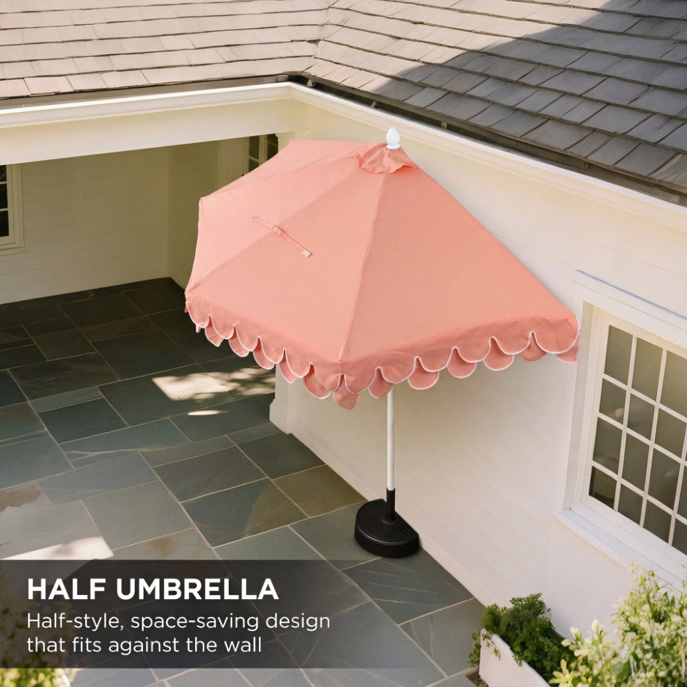 Shah Arc 9 ft. Classic MidCentury Scalloped Fringe Market Patio Half Umbrella with CrankTilt Button and UV Protection