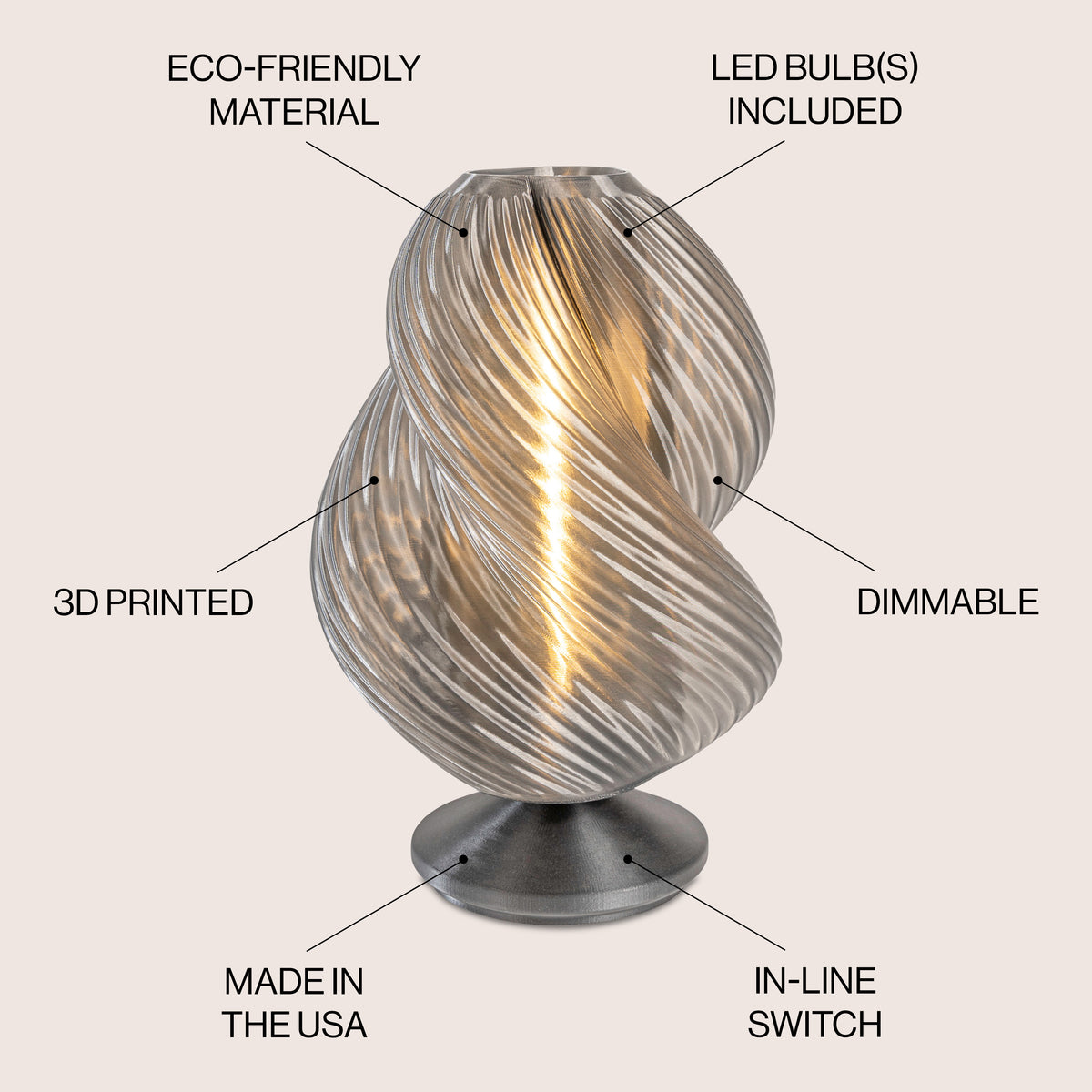 Swedish 13.5" Mid-Century Coastal Plant-Based PLA 3D Printed Dimmable LED Table Lamp