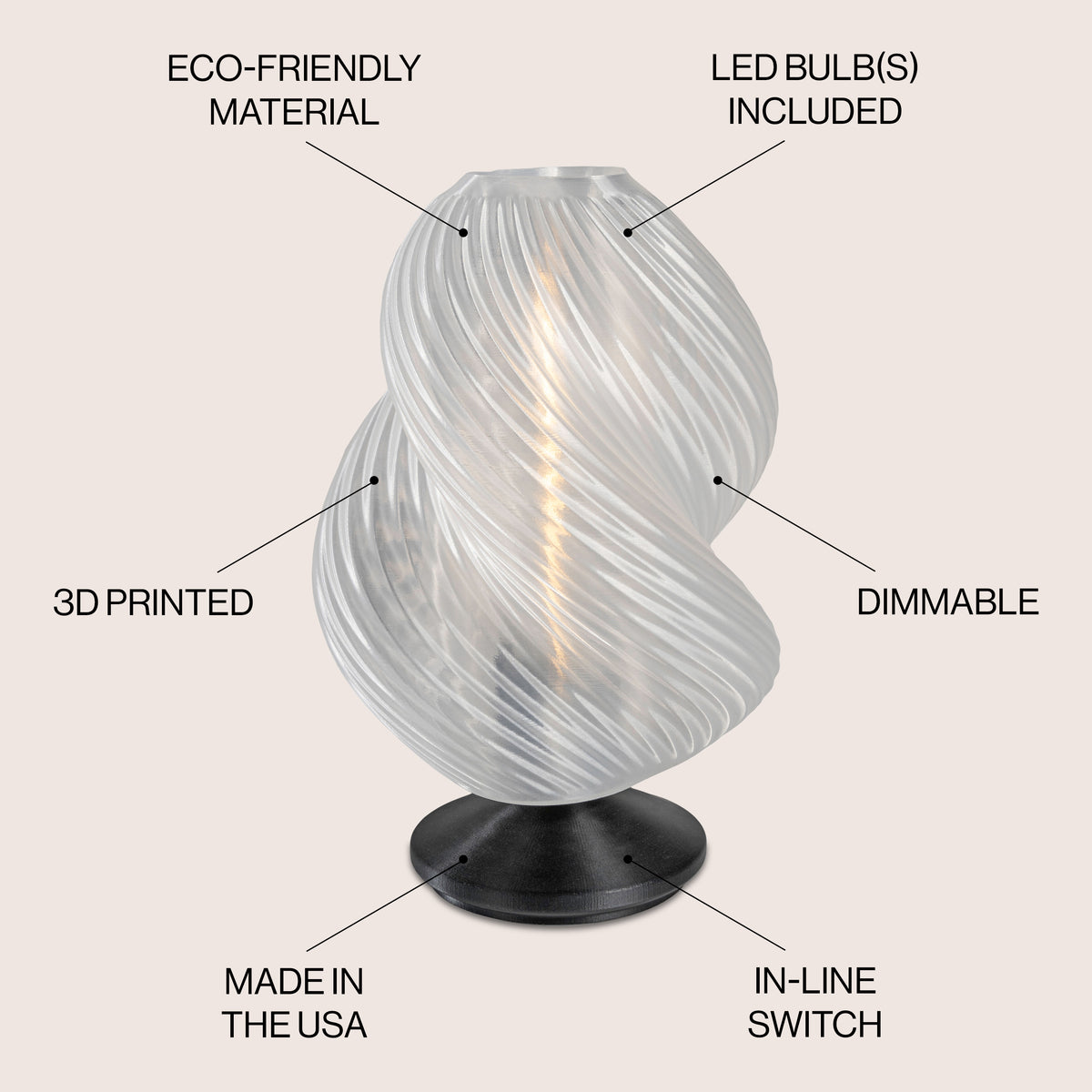 Swedish 13.5" Mid-Century Coastal Plant-Based PLA 3D Printed Dimmable LED Table Lamp