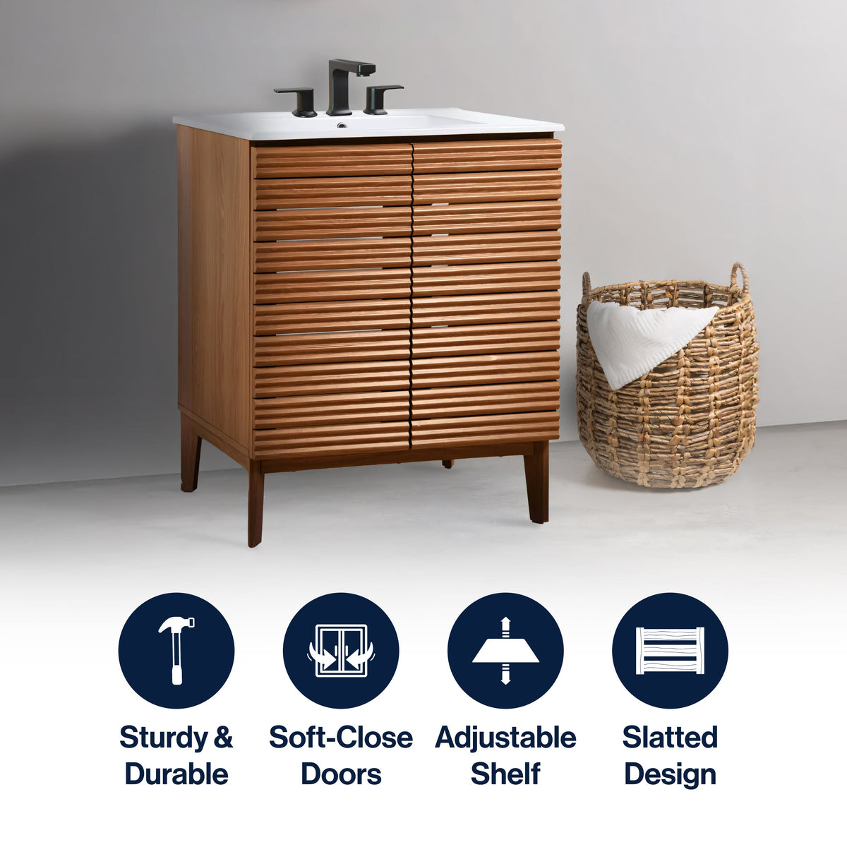 Cala Thin Linear Slat Modern Farmhouse 2-Shelf Bath Vanity Cabinet Only (Sink Basin not Included)
