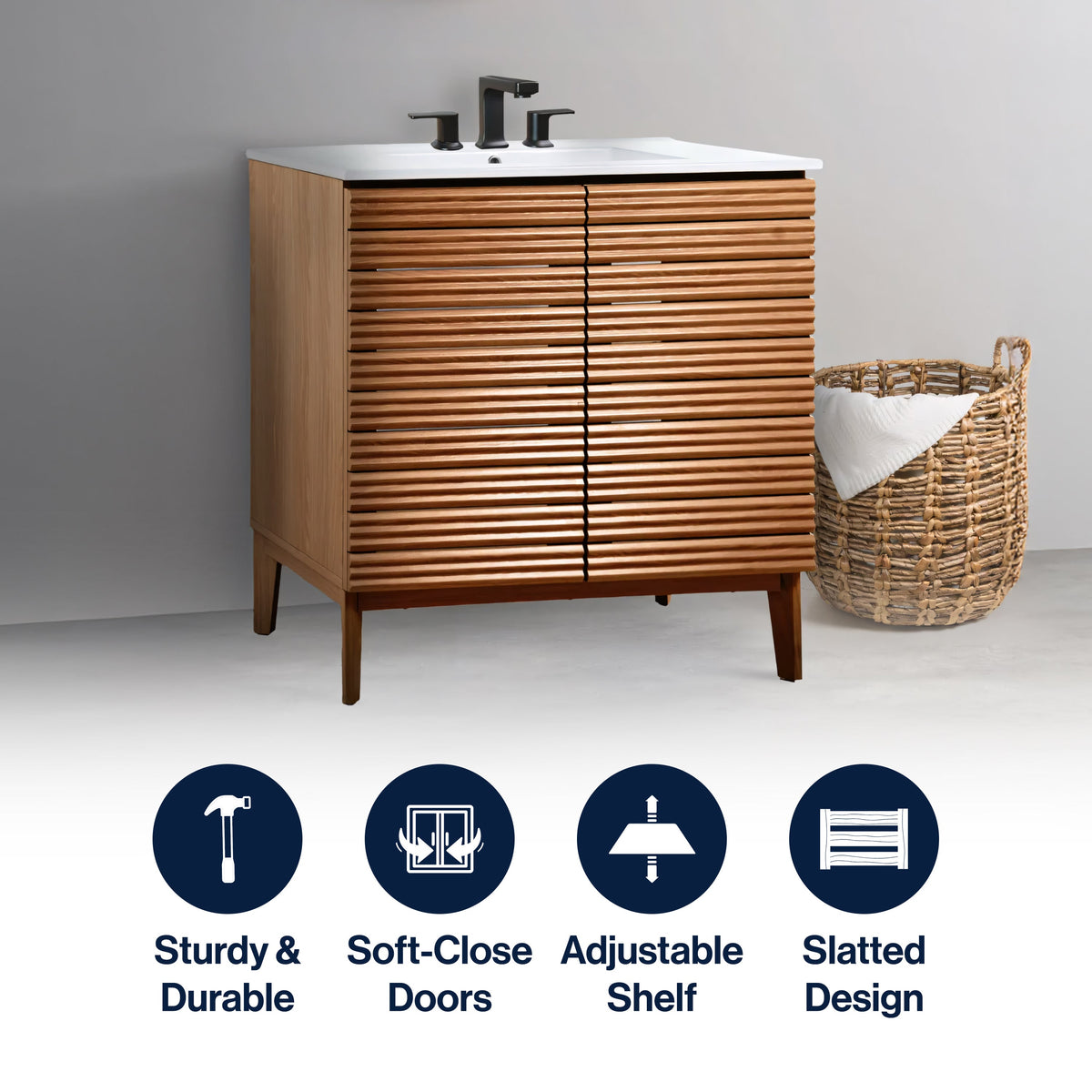 Cala Thin Linear Slat Modern Farmhouse 2-Shelf Bath Vanity Cabinet Only (Sink Basin not Included)