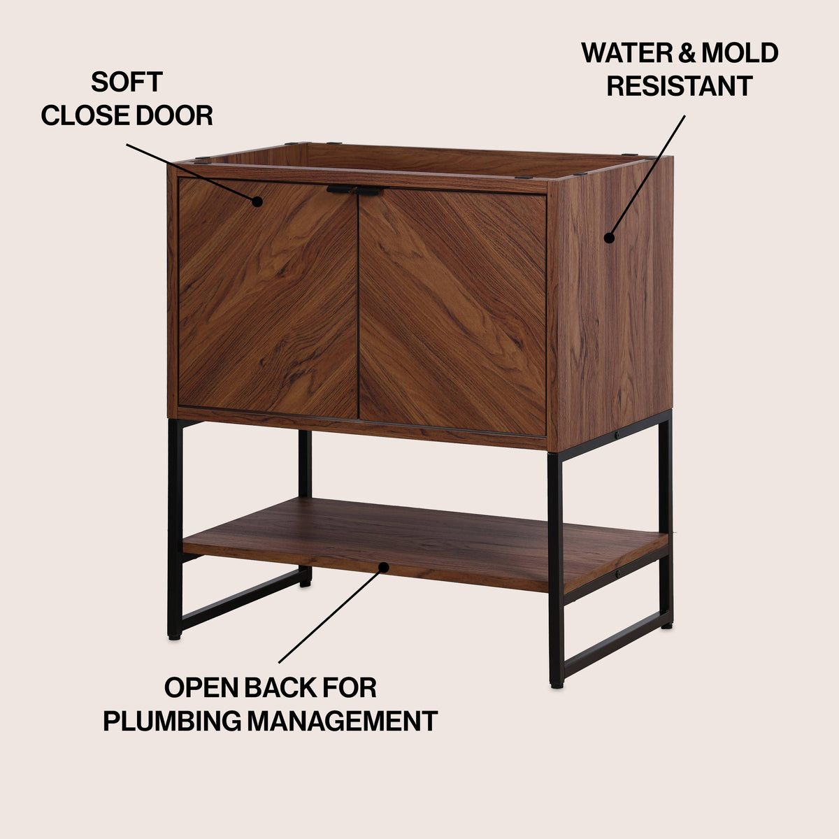 Moss Chevron-Front Modern Minimalist 2-Shelf Bath Vanity Cabinet Only (Sink Basin Not Included)
