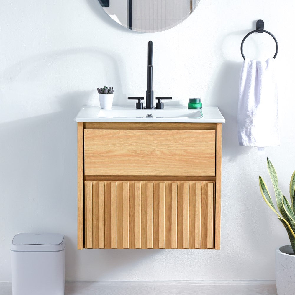Pine Slat Modern Coastal 2-Drawer Wall Mounted Bath Vanity Cabinet Only (Sink Basin Not Included)