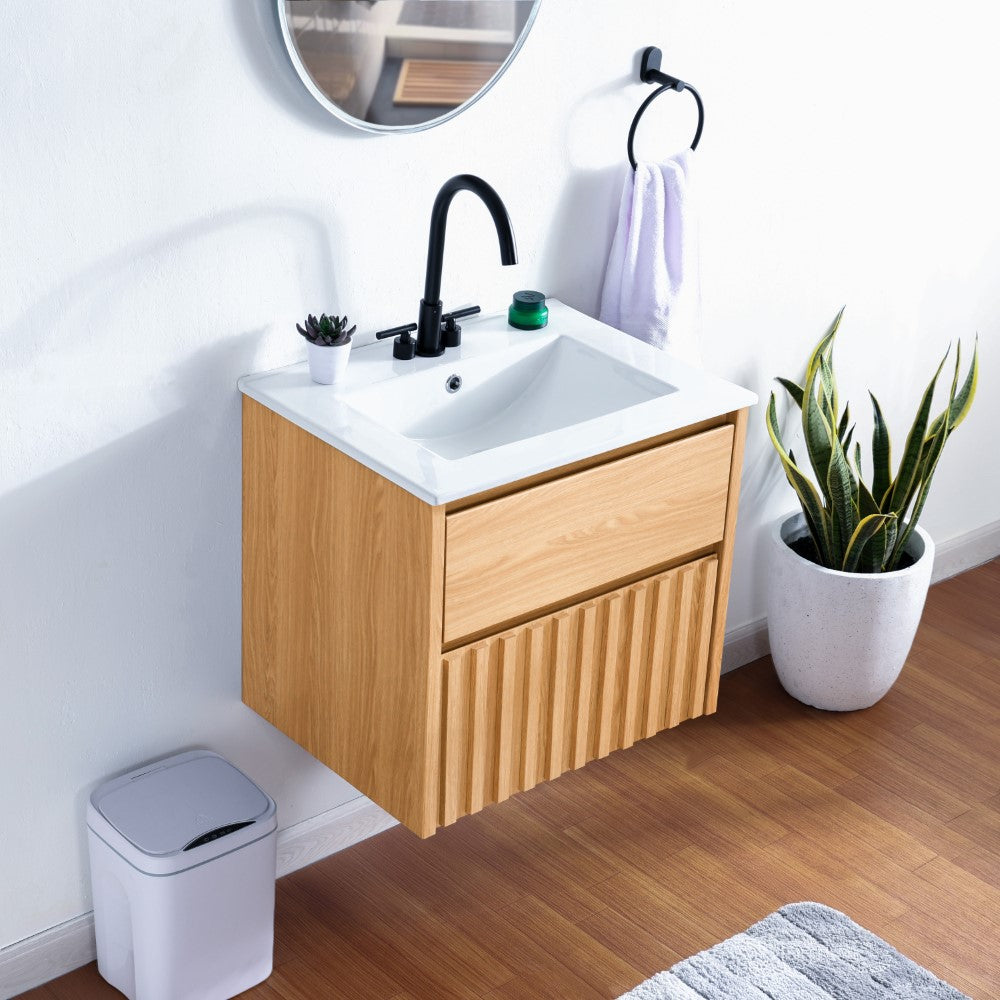 Pine Slat Modern Coastal 2-Drawer Wall Mounted Bath Vanity Cabinet Only (Sink Basin Not Included)