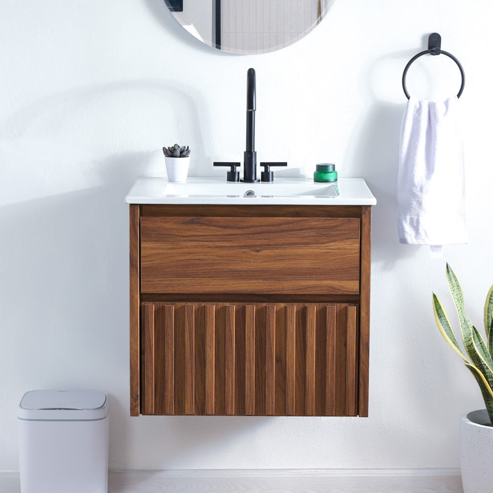 Pine Slat Modern Coastal 2-Drawer Wall Mounted Bath Vanity Cabinet Only (Sink Basin Not Included)