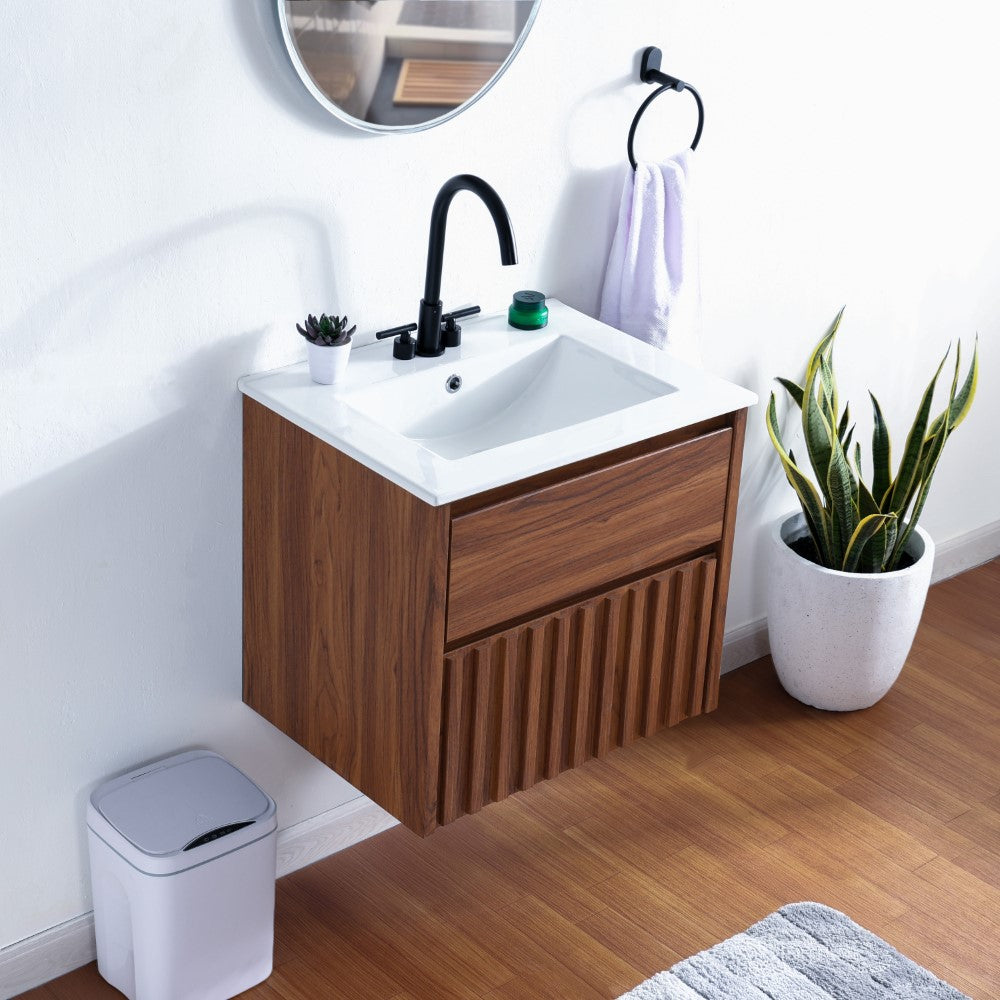 Pine Slat Modern Coastal 2-Drawer Wall Mounted Bath Vanity Cabinet Only (Sink Basin Not Included)