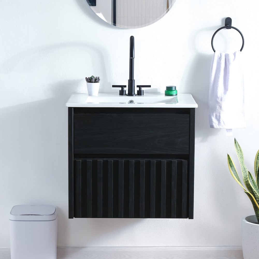 Pine Slat Modern Coastal 2-Drawer Wall Mounted Bath Vanity Cabinet Only (Sink Basin Not Included)