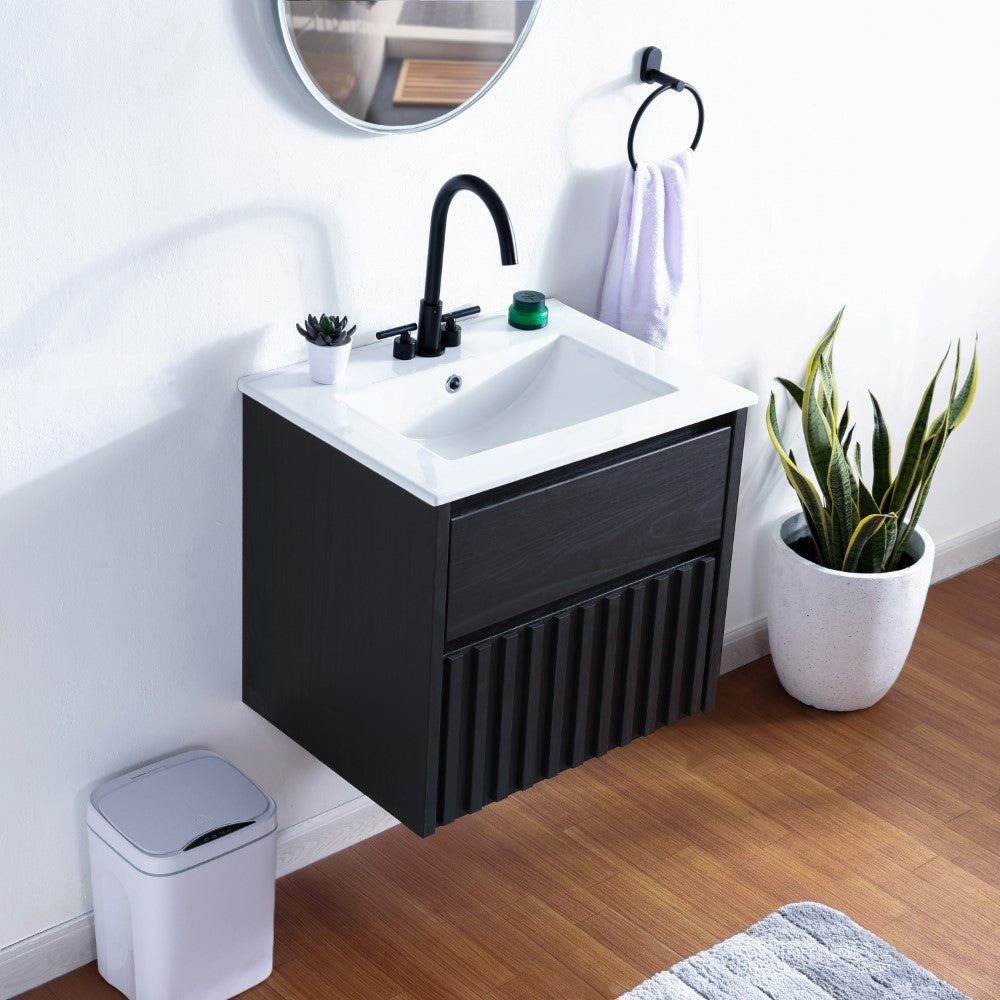 Pine Slat Modern Coastal 2-Drawer Wall Mounted Bath Vanity Cabinet Only (Sink Basin Not Included)