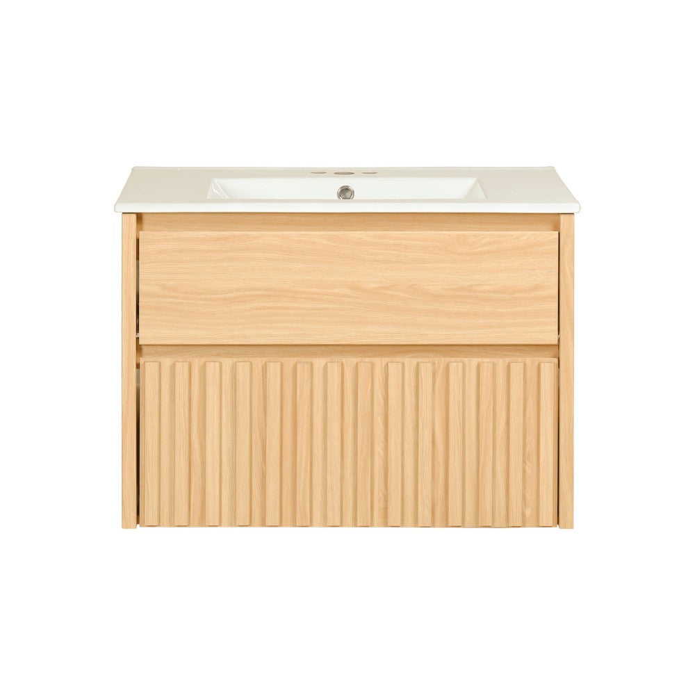 Pine Slat Modern Coastal 2-Drawer Wall Mounted Bath Vanity Cabinet Only (Sink Basin Not Included)