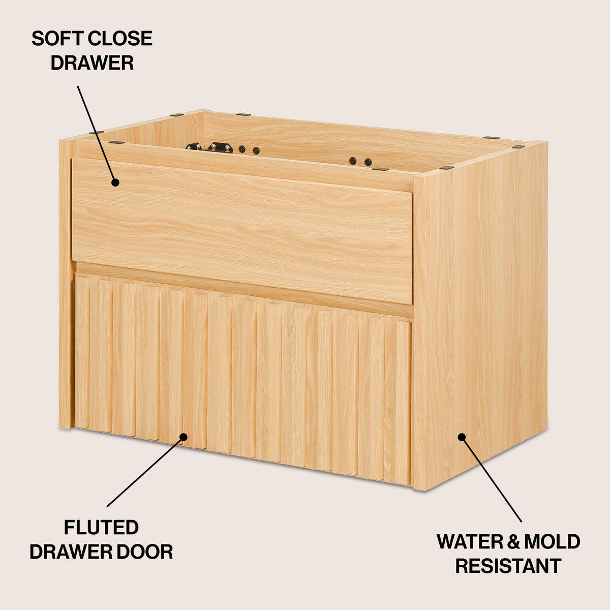 Pine Slat Modern Coastal 2-Drawer Wall Mounted Bath Vanity Cabinet Only (Sink Basin Not Included)