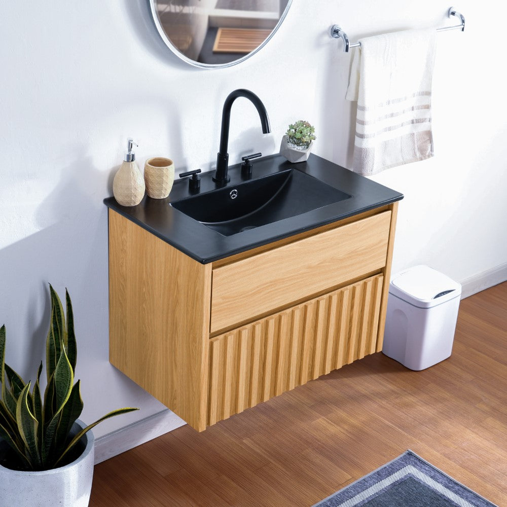 Pine Slat Modern Coastal 2-Drawer Wall Mounted Bath Vanity Cabinet Only (Sink Basin Not Included)