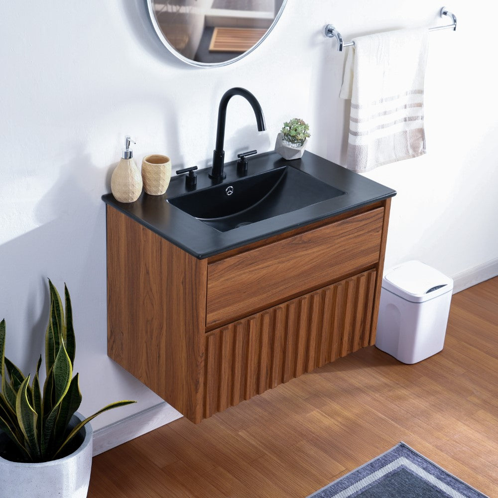 Pine Slat Modern Coastal 2-Drawer Wall Mounted Bath Vanity Cabinet Only (Sink Basin Not Included)