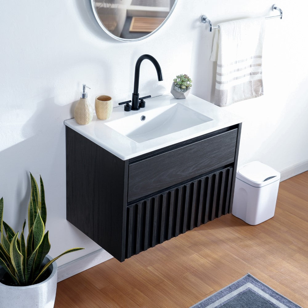 Pine Slat Modern Coastal 2-Drawer Wall Mounted Bath Vanity Cabinet Only (Sink Basin Not Included)