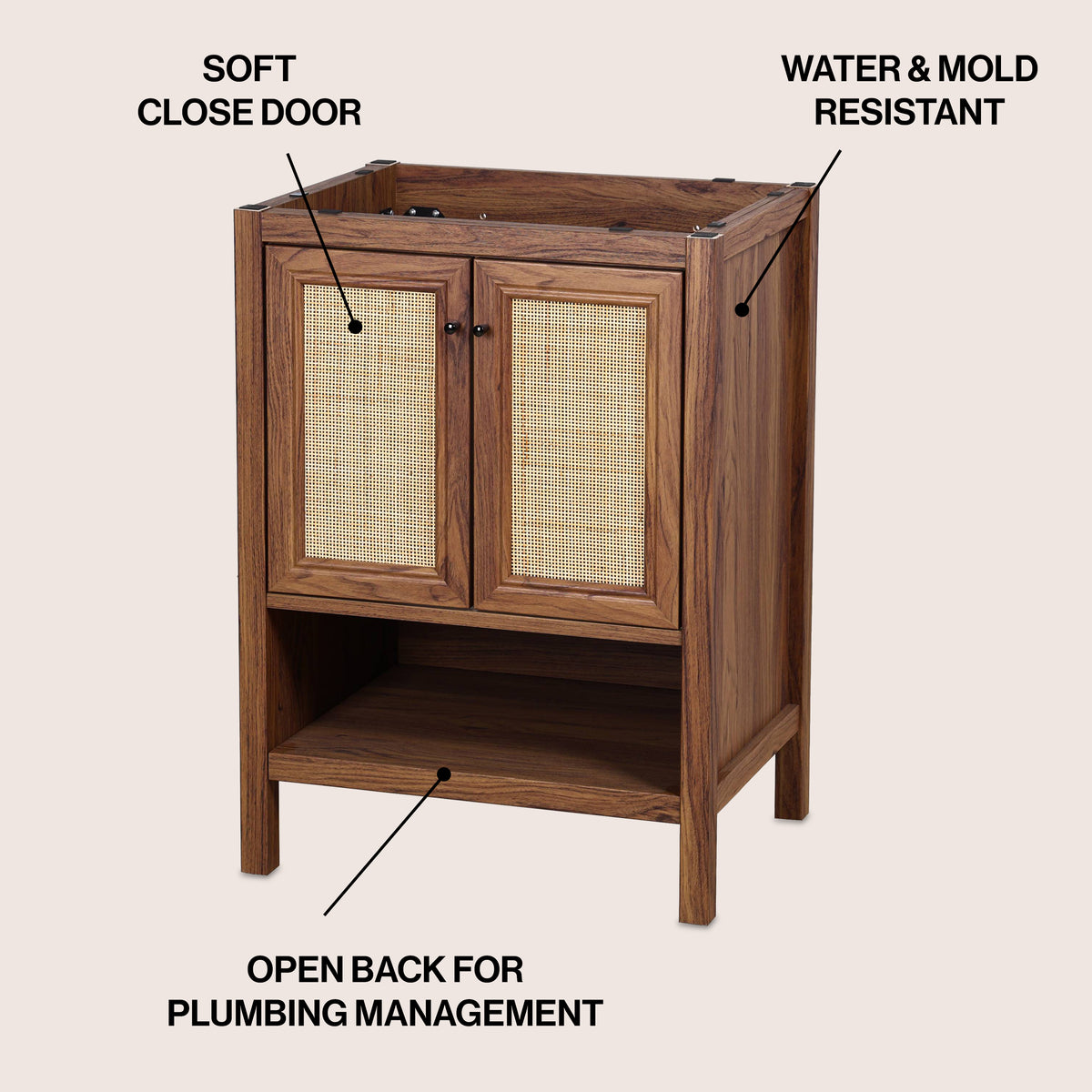 Orchid Rattan Modern Coastal 2-Shelf Bath Vanity Cabinet Only (Sink Basin Not Included)