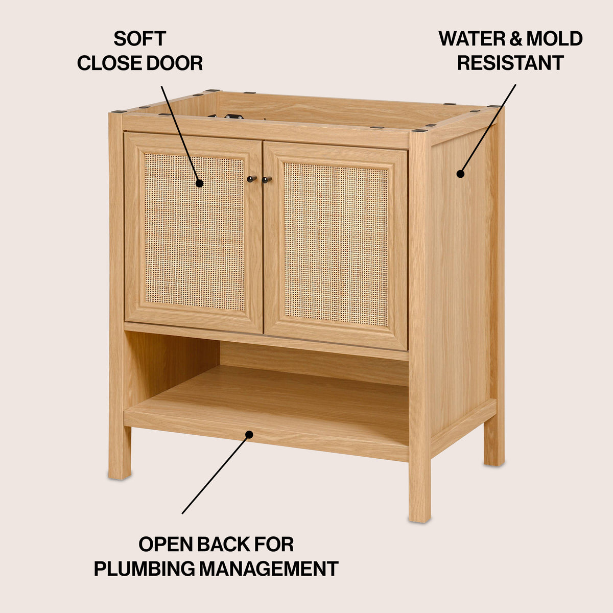 Orchid Rattan Modern Coastal 2-Shelf Bath Vanity Cabinet Only (Sink Basin Not Included)