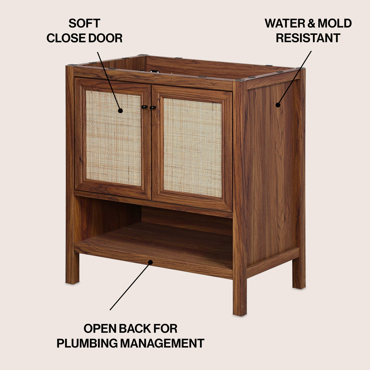 Orchid Rattan Modern Coastal 2-Shelf Bath Vanity Cabinet Only (Sink Basin Not Included)
