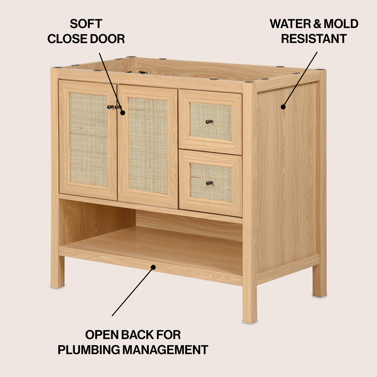 Orchid Rattan Modern Coastal 2-Shelf Bath Vanity Cabinet Only (Sink Basin Not Included)