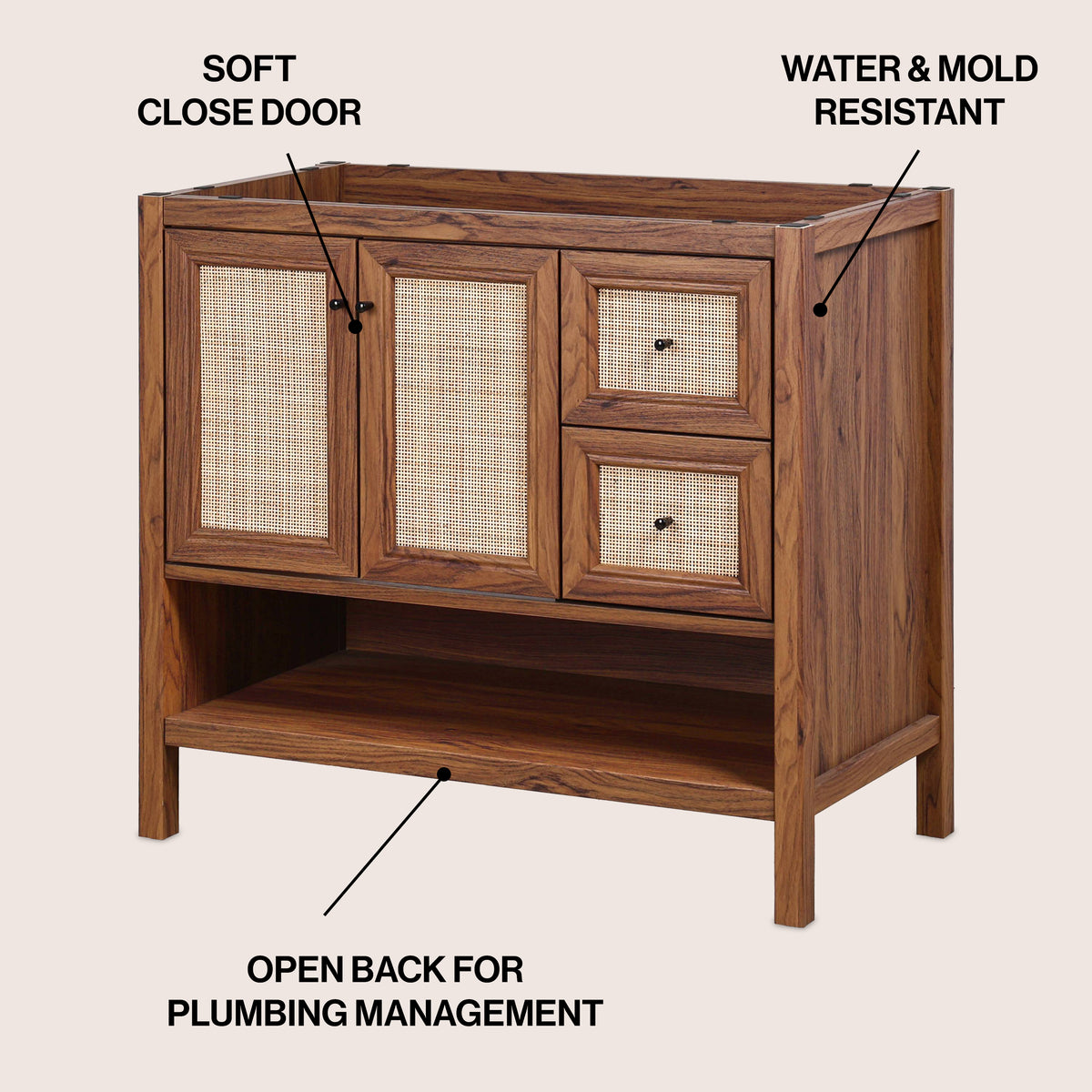 Orchid Rattan Modern Coastal 2-Shelf Bath Vanity Cabinet Only (Sink Basin Not Included)