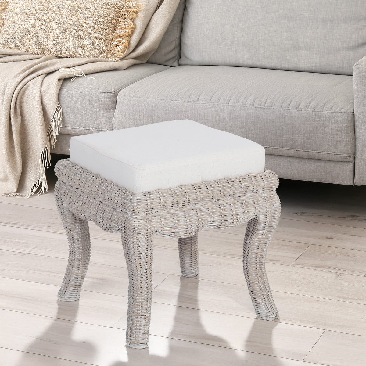 Baxton 19.7" Bohemian Designer Woven Rattan/Wood Vanity Stool