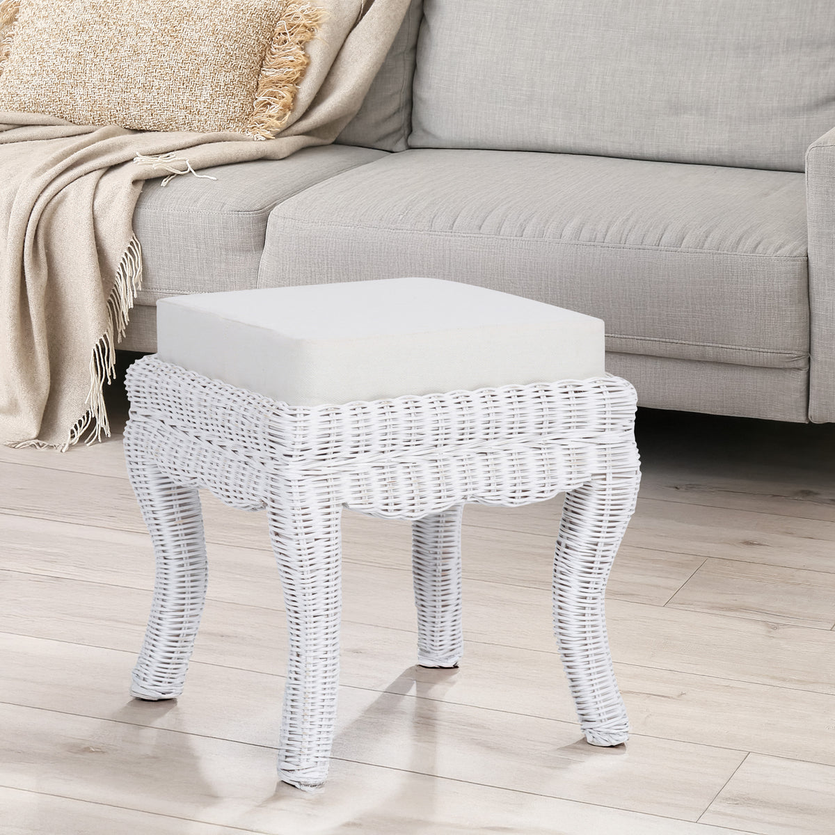 Baxton 19.7" Bohemian Designer Woven Rattan/Wood Vanity Stool