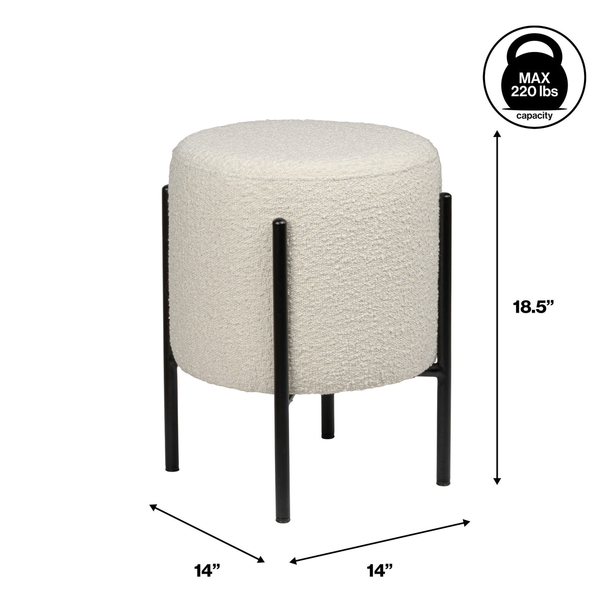 Paddy 18.5" Modern Minimalist Round Backless Metal/Bouclé Cushioned Vanity Stool