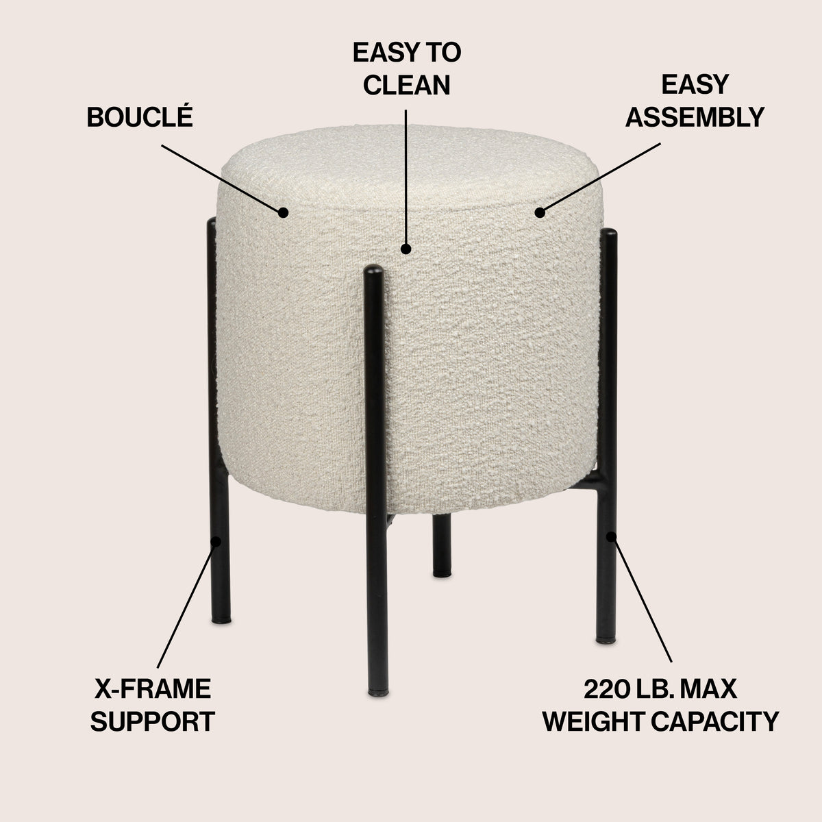 Paddy 18.5" Modern Minimalist Round Backless Metal/Bouclé Cushioned Vanity Stool