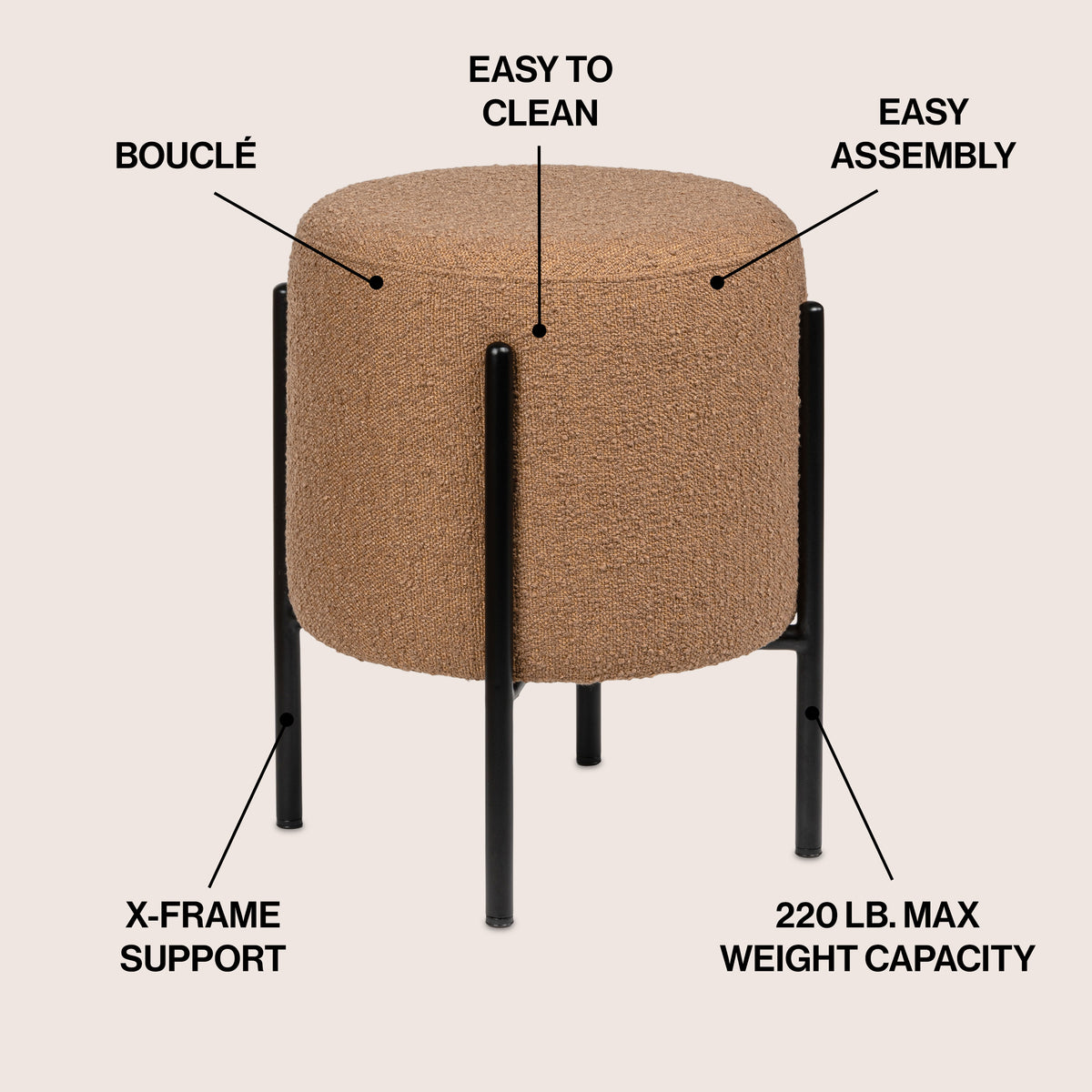 Paddy 18.5" Modern Minimalist Round Backless Metal/Bouclé Cushioned Vanity Stool