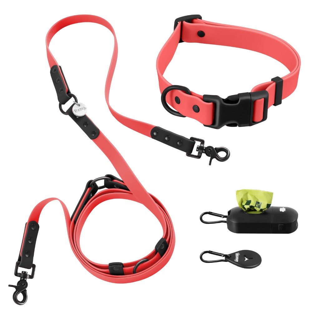 Shri 8FT Adjustable 6-in-1 Waterproof Hands-Free Leash and Collar with LED Flashlight Bag Dispenser and Poop Bag Holder