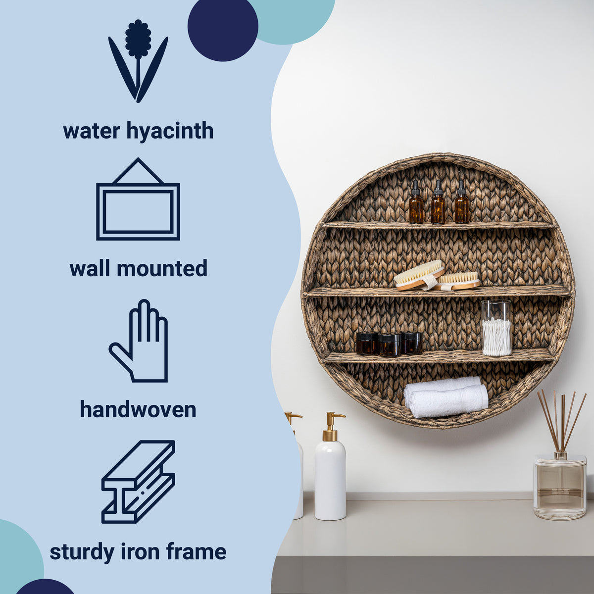 Annulus 24.5" 3-Shelf Circular Handwoven Hyacinth Wall Rack