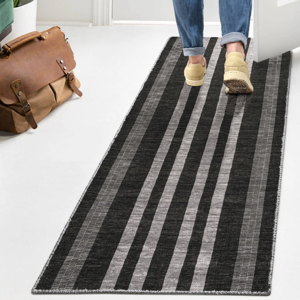 Curry Geometric Striped Machine-washable Area Rug