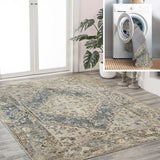 Lotus Distressed Medallion Low-Pile Machine-Washable Area Rug