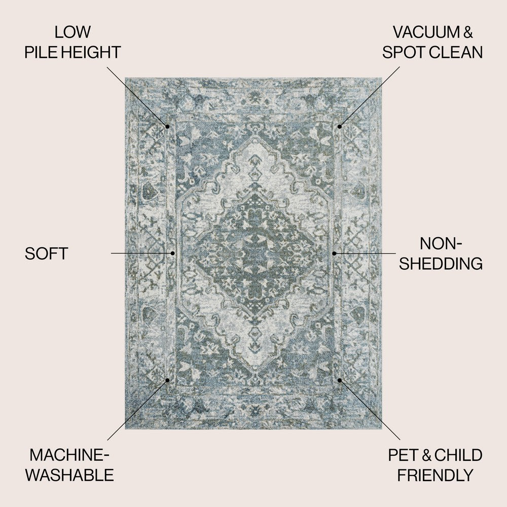 Lotus Distressed Medallion Low-Pile Machine-Washable Area Rug