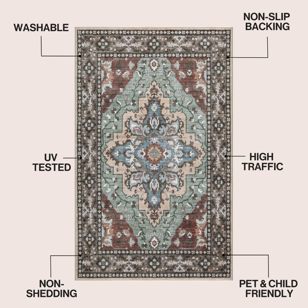 Lunara Boho Medallion Border Non-slip Machine-washable Area Rug
