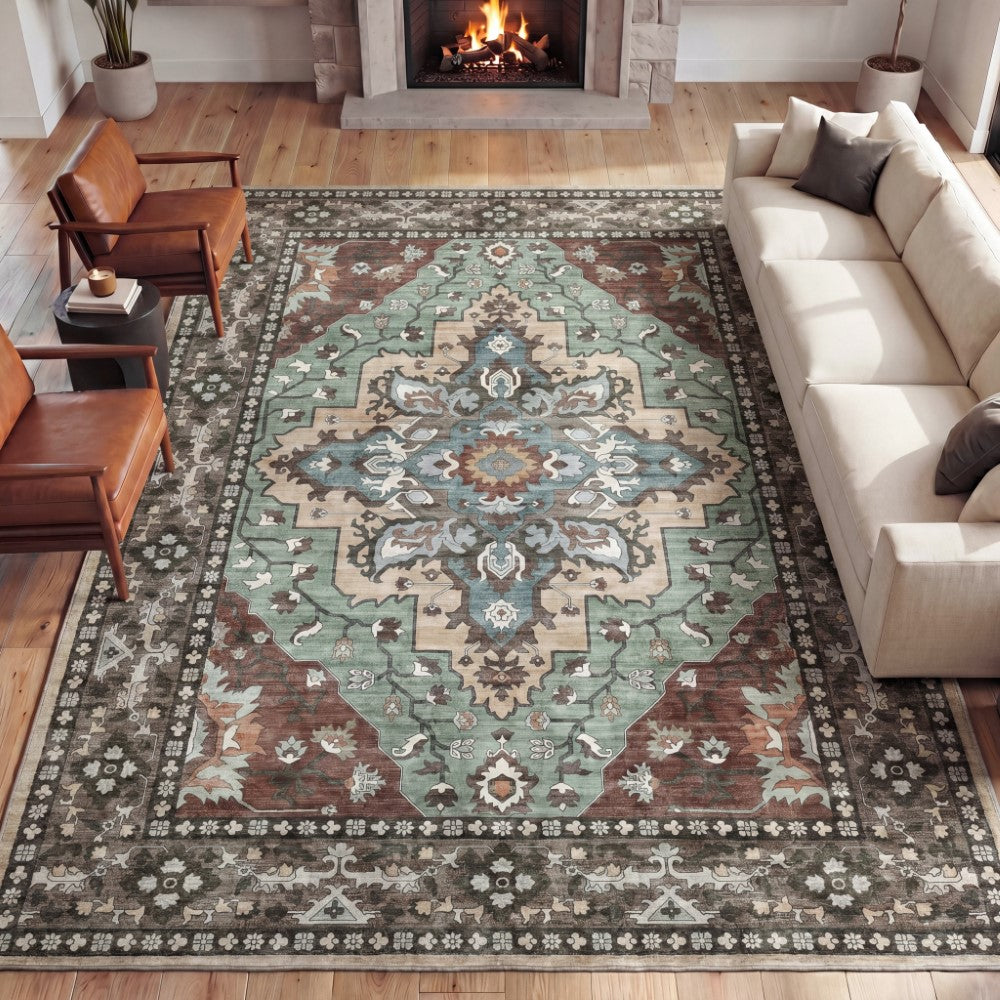 Lunara Boho Medallion Border Non-slip Machine-washable Area Rug