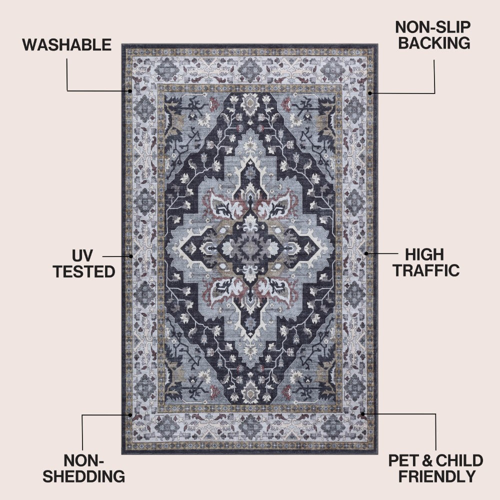 Lunara Boho Medallion Border Non-slip Machine-washable Area Rug