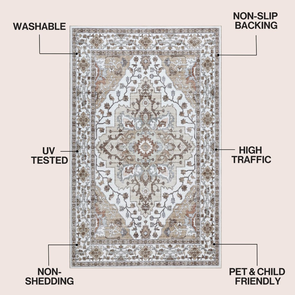 Lunara Boho Medallion Border Non-slip Machine-washable Area Rug