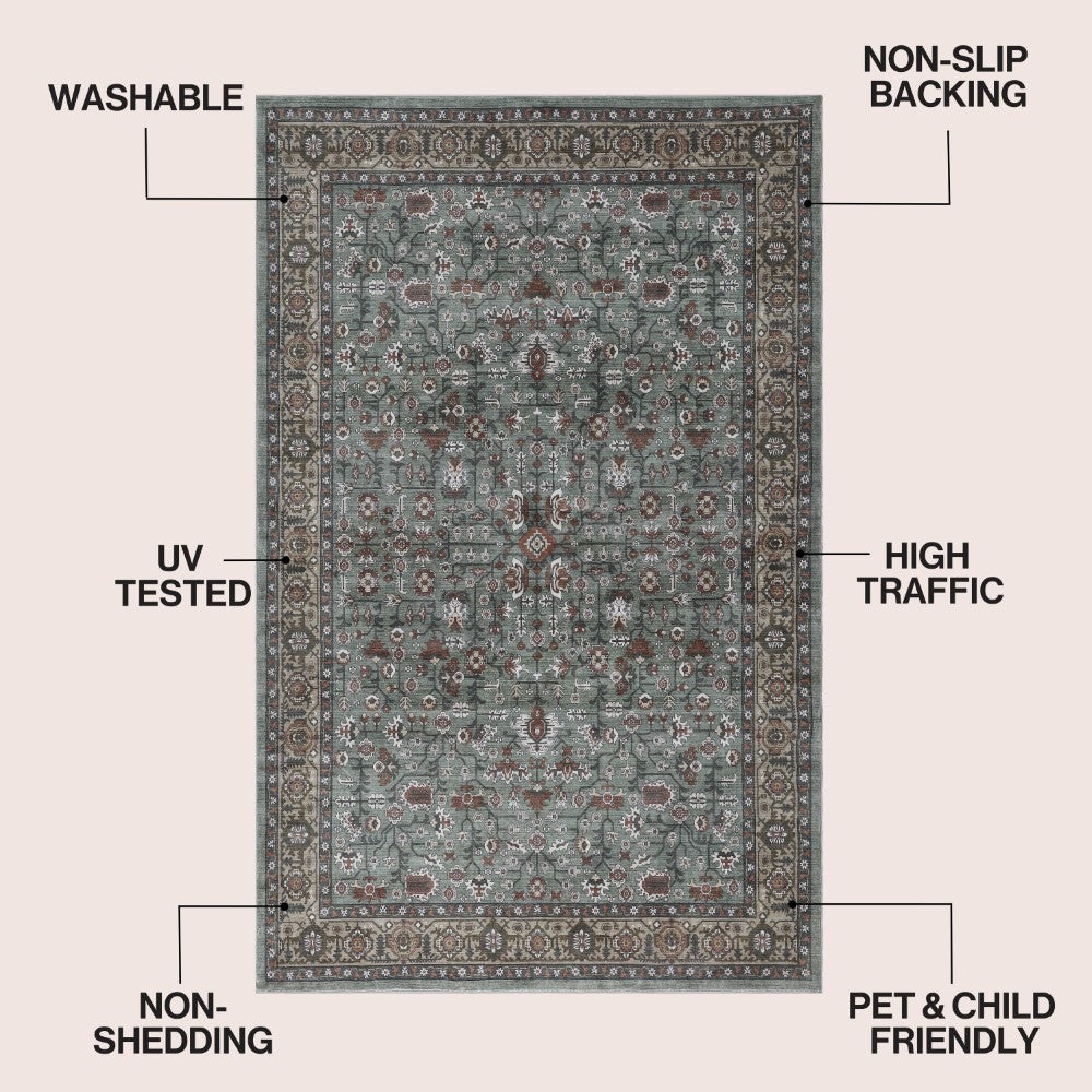 Solmere Medallion All-over Floral Border Non-slip Machine-washable Area Rug