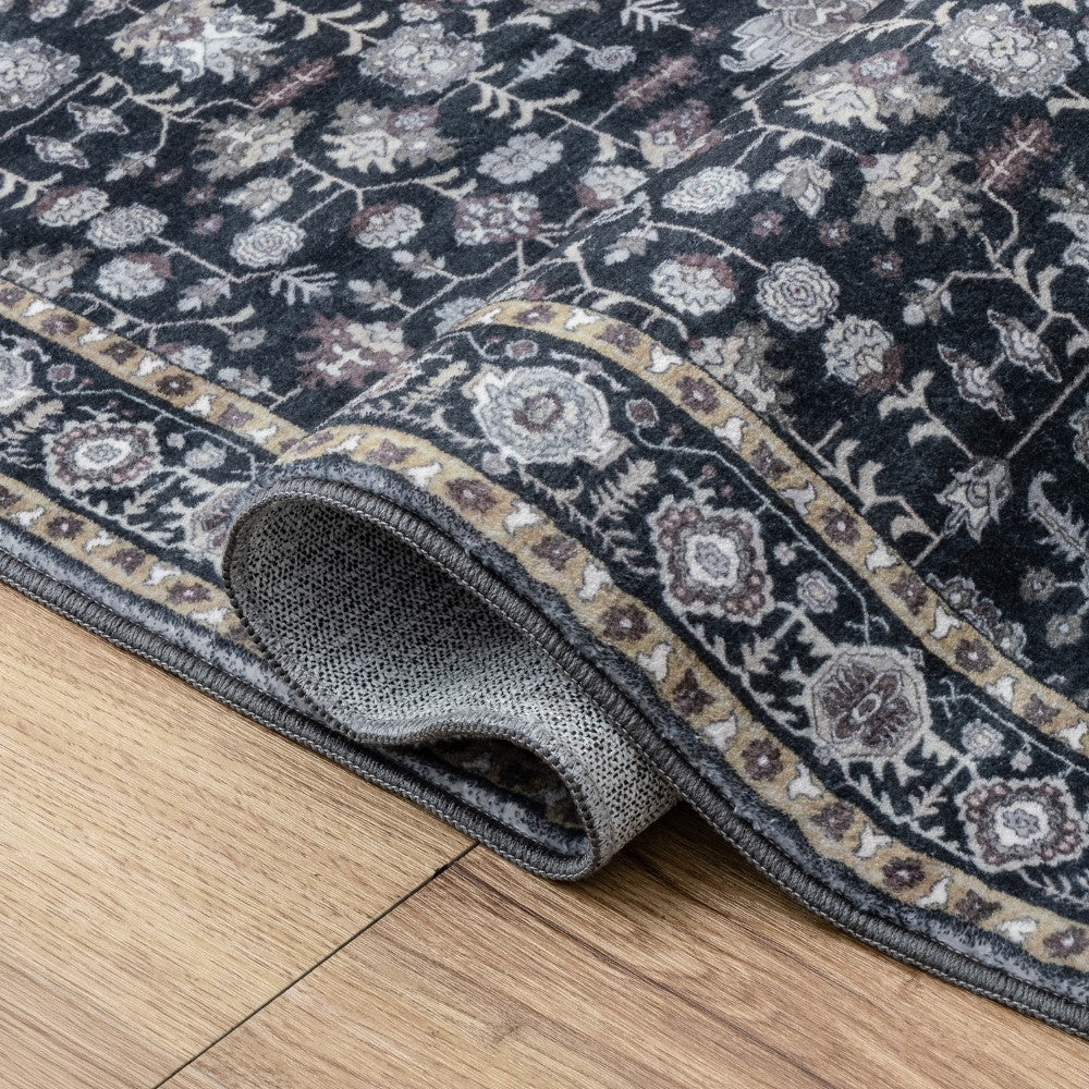 Solmere Medallion All-over Floral Border Non-slip Machine-washable Area Rug